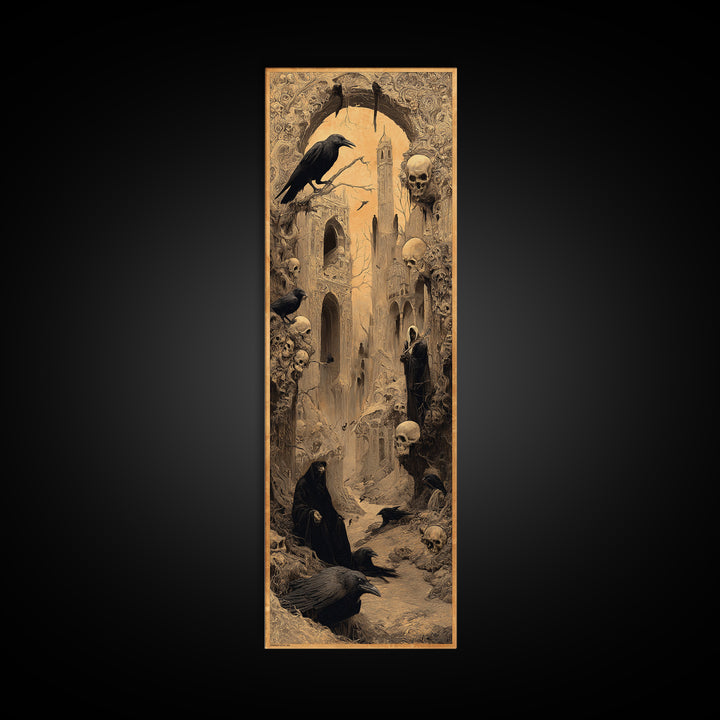 Ravens And Ruins, Surreal Apocalyptic Art, Tall Narrow Wall Art, Dark Halloween Decor, Canvas Print, Halloween Wall Art