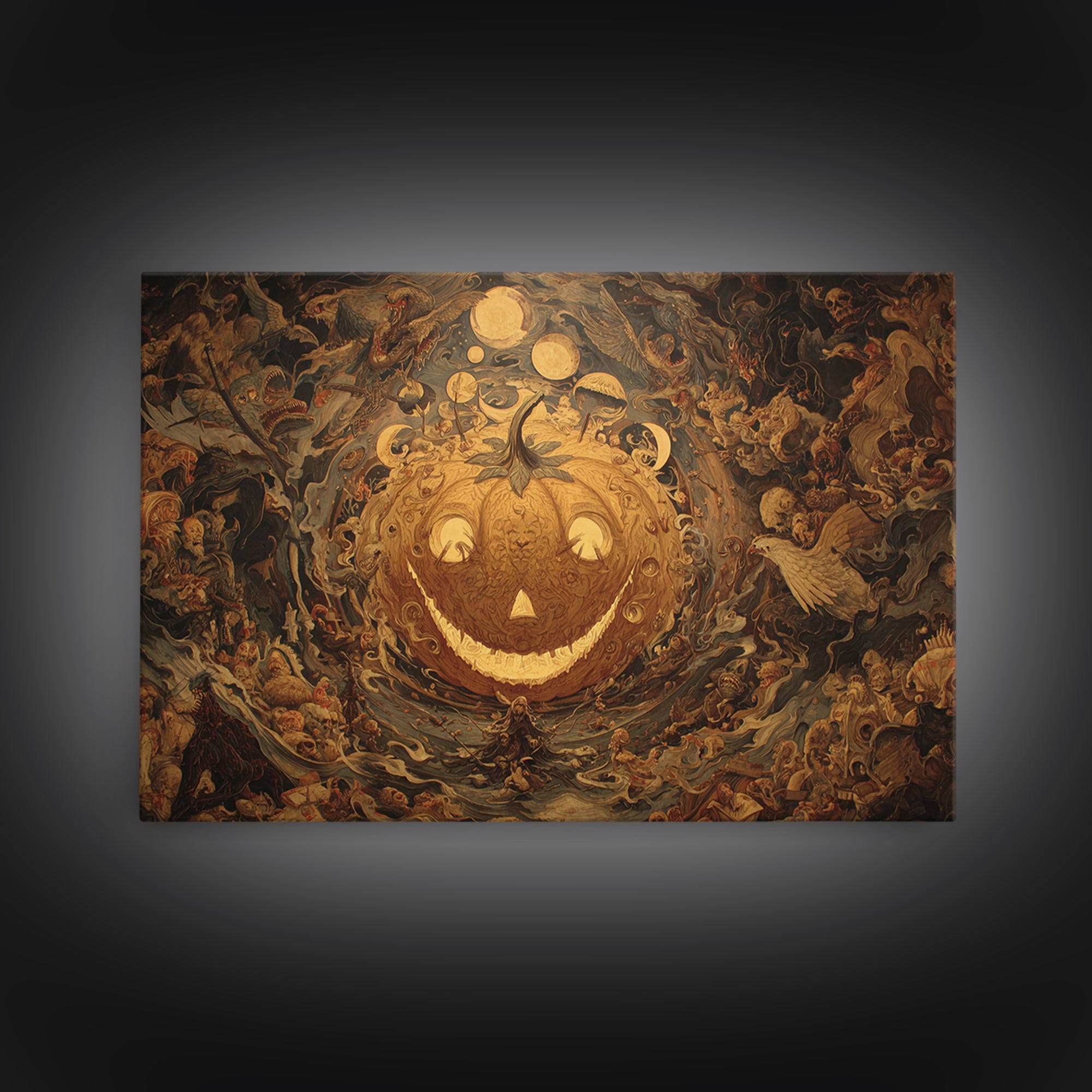 Pumpkins And Moon Phases, Medieval Grotesque Art, Landscape Wall Art, Macabre Wall Art, Framed Canvas Print, Halloween Wall Art