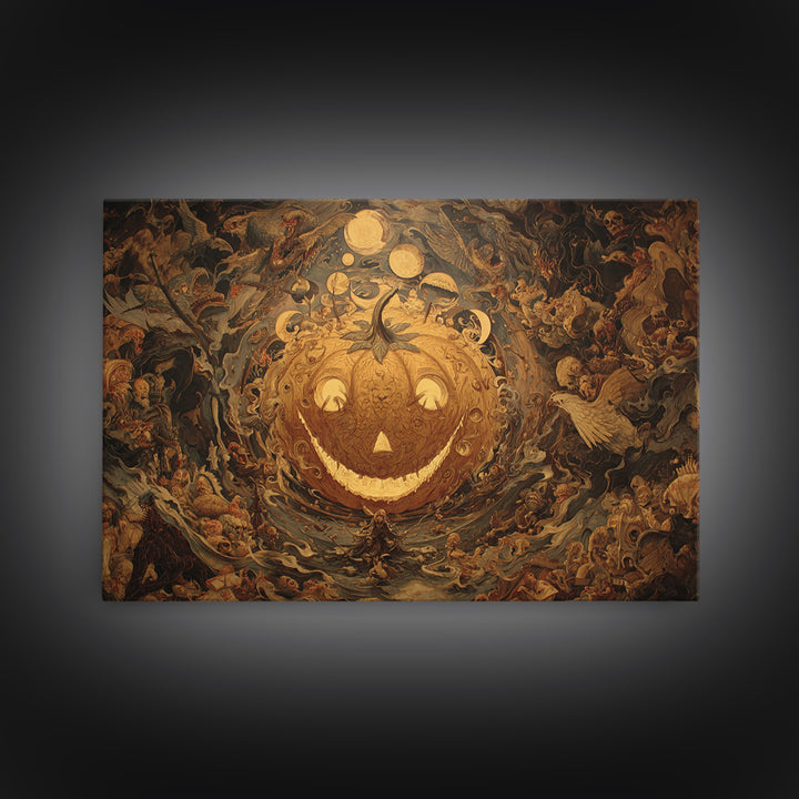 Pumpkins And Moon Phases, Medieval Grotesque Art, Landscape Wall Art, Macabre Wall Art, Framed Canvas Print, Halloween Wall Art