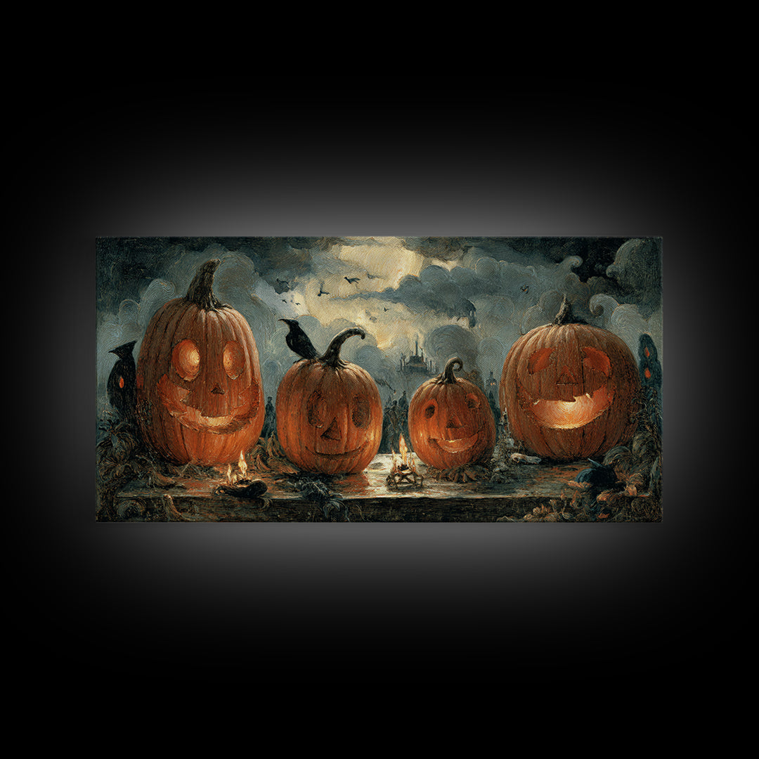 Pumpkins And Moon Phases, Northern Renaissance Horror, Wide Panoramic Art, Dark Halloween Decor, Framed Canvas Print