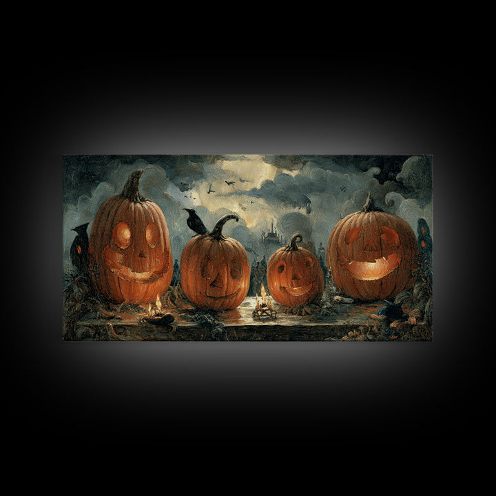Pumpkins And Moon Phases, Northern Renaissance Horror, Wide Panoramic Art, Dark Halloween Decor, Framed Canvas Print