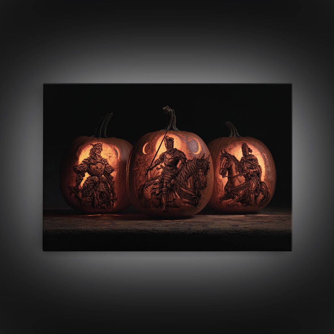 Pumpkins And Moon Phases, Renaissance Engraving Art, Landscape Wall Art, Macabre Wall Art, Framed Canvas Print, Halloween Wall Art