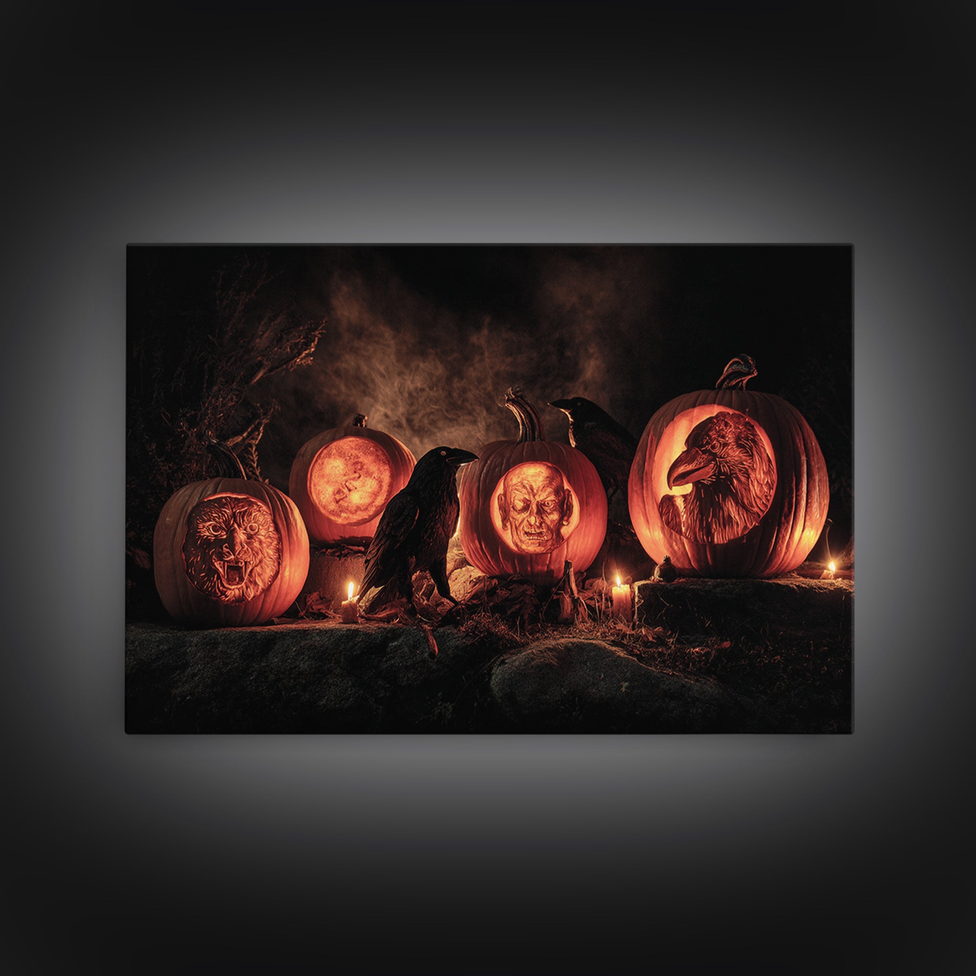 Pumpkins And Moon Phases, Baroque Witchcraft Art, Landscape Wall Art, Dark Fantasy Wall Art, Canvas Print, Halloween Wall Art