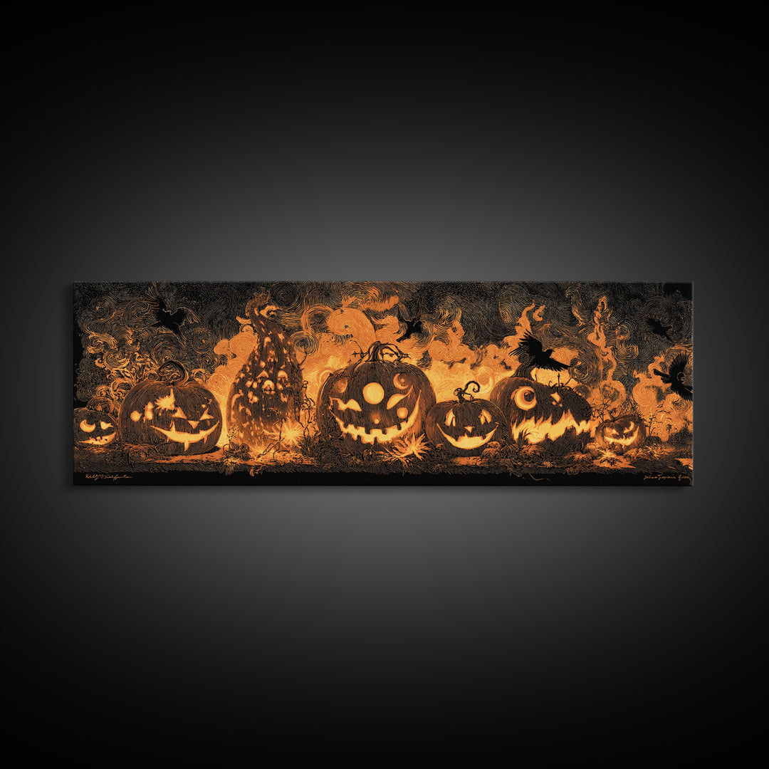 Pumpkins And Moon Phases, Dark Romantic Horror Art, Extra Wide Wall Art, Dark Halloween Decor, Canvas Print, Halloween Wall Art