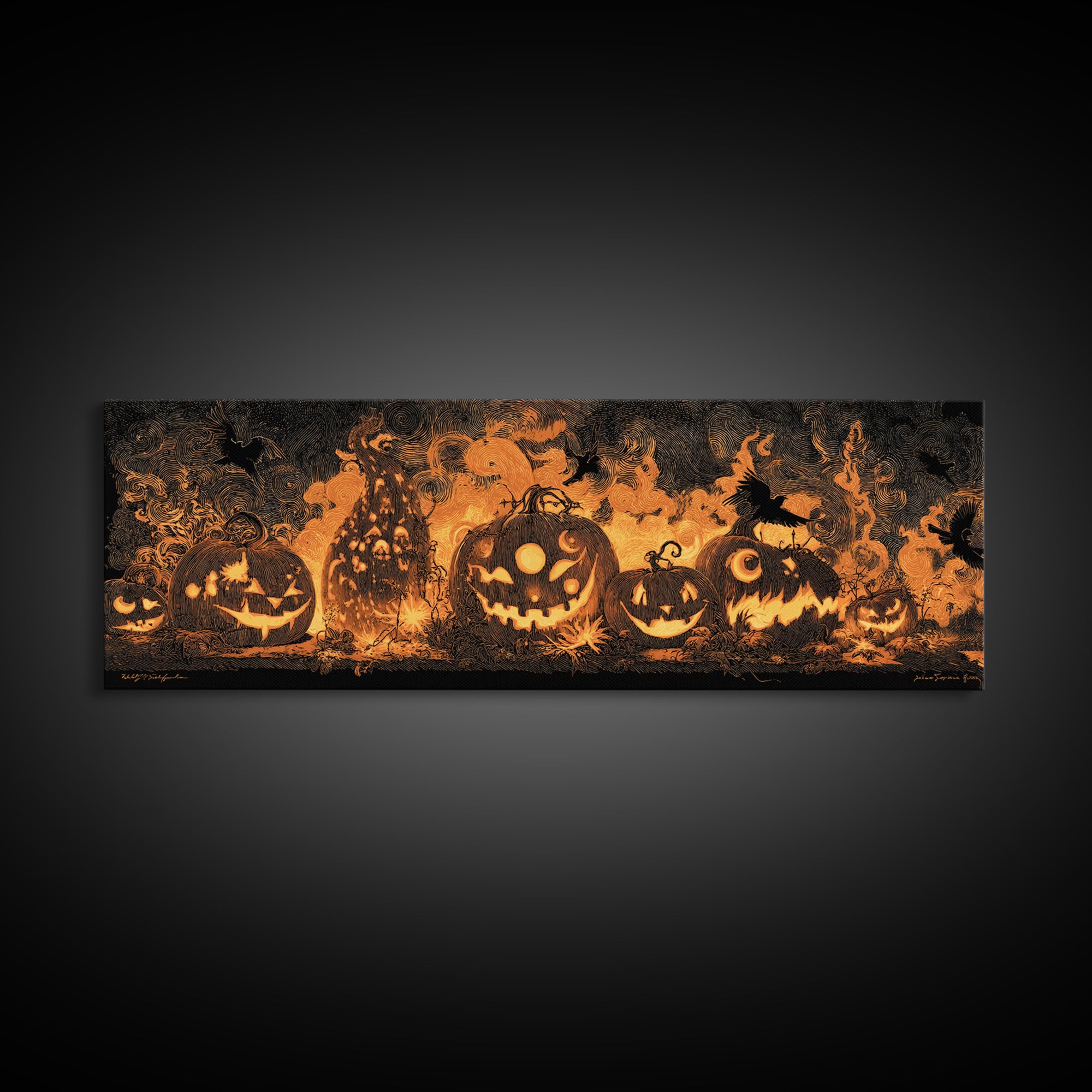 Pumpkins And Moon Phases, Dark Romantic Horror Art, Extra Wide Wall Art, Dark Halloween Decor, Canvas Print, Halloween Wall Art