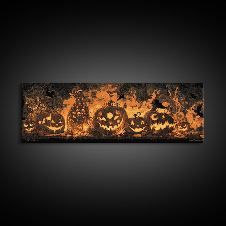 Pumpkins And Moon Phases, Dark Romantic Horror Art, Extra Wide Wall Art, Dark Halloween Decor, Canvas Print, Halloween Wall Art