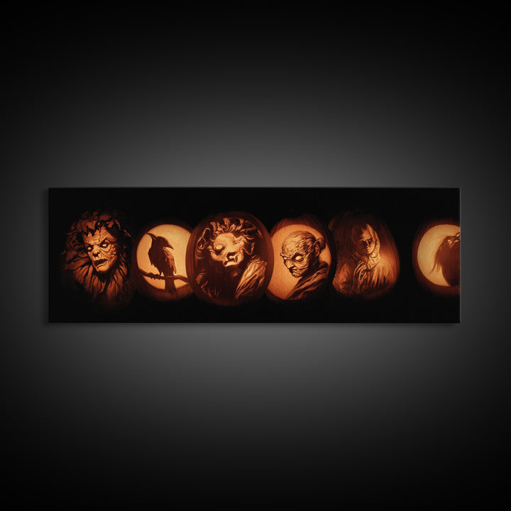 Pumpkins And Moon Phases, Gothic Nightmare Art, Extra Wide Wall Art, Macabre Wall Art, Canvas Print, Halloween Wall Art