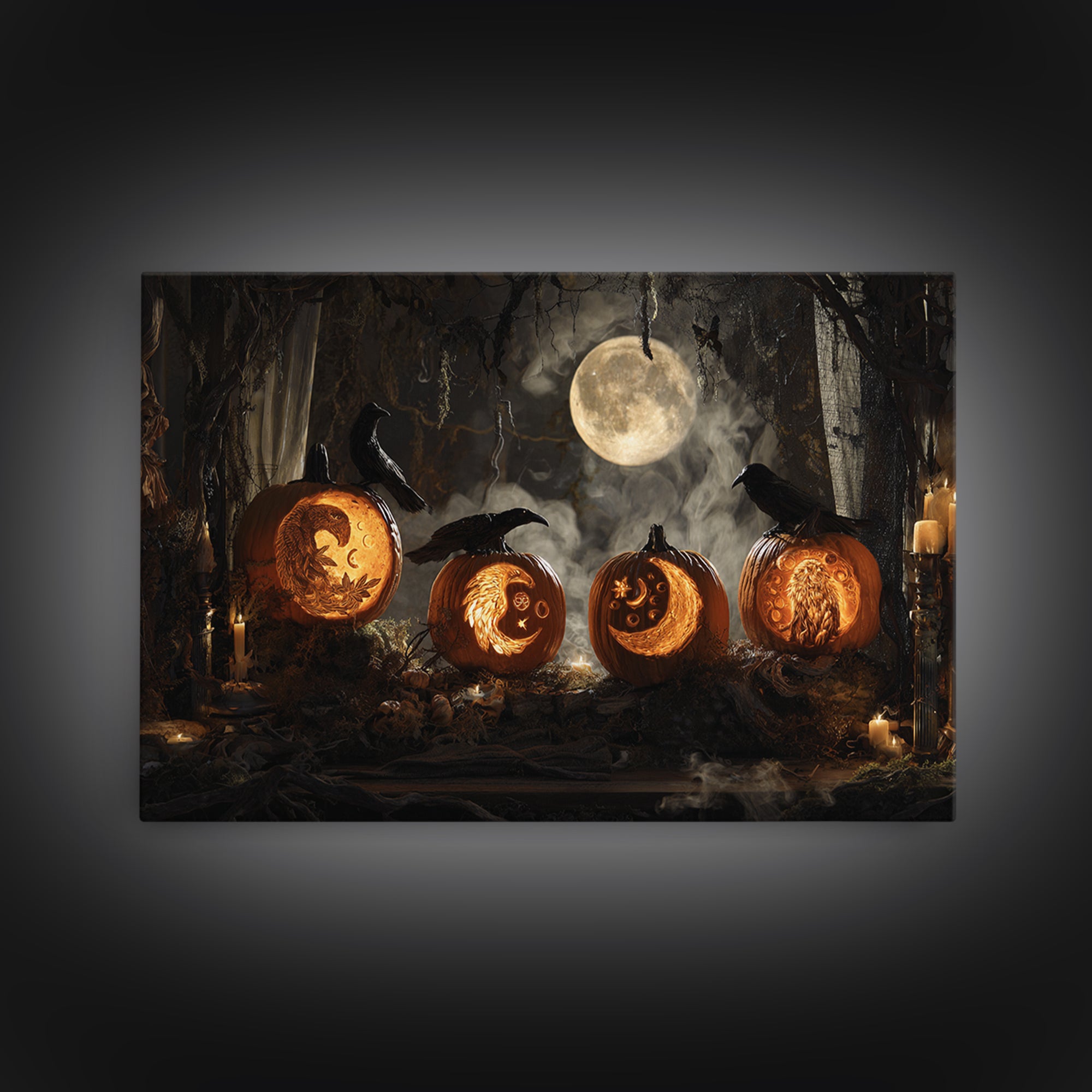Pumpkins And Moon Phases, Visionary Gothic Art, Landscape Wall Art, Dark Halloween Decor, Framed Canvas Print, Halloween Wall Art