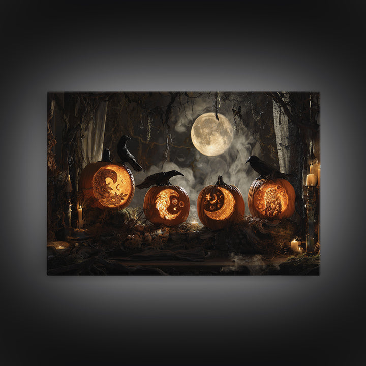 Pumpkins And Moon Phases, Visionary Gothic Art, Landscape Wall Art, Dark Halloween Decor, Framed Canvas Print, Halloween Wall Art
