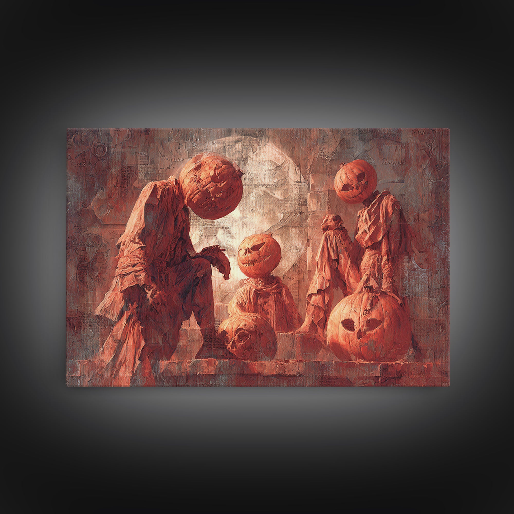 Pumpkins And Moon Phases, Architectural Etching Art, Landscape Wall Art, Gothic Horror Wall Art, Framed Canvas Print