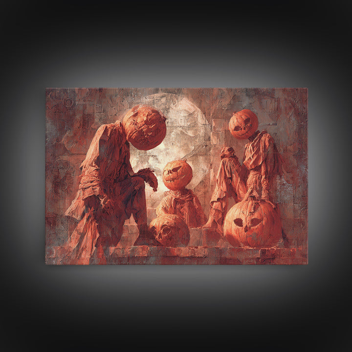 Pumpkins And Moon Phases, Architectural Etching Art, Landscape Wall Art, Gothic Horror Wall Art, Framed Canvas Print