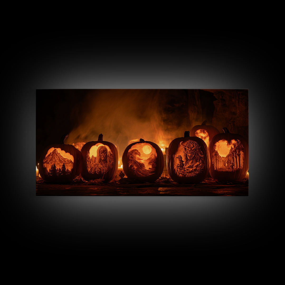 Pumpkins And Moon Phases, Apocalyptic Romantic Art, Wide Panoramic Art, Gothic Horror Wall Art, Framed Canvas Print, Halloween Wall Art