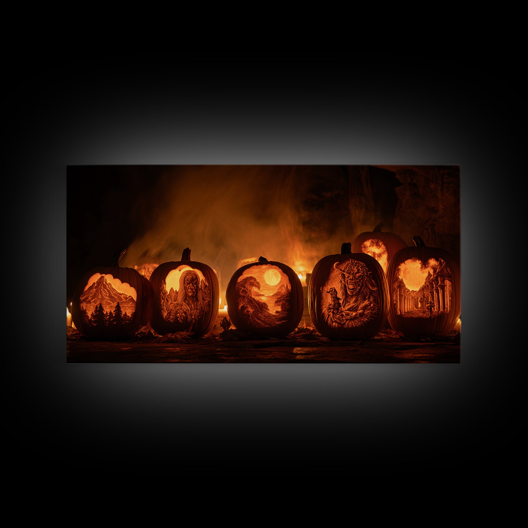 Pumpkins And Moon Phases, Apocalyptic Romantic Art, Wide Panoramic Art, Gothic Horror Wall Art, Framed Canvas Print, Halloween Wall Art