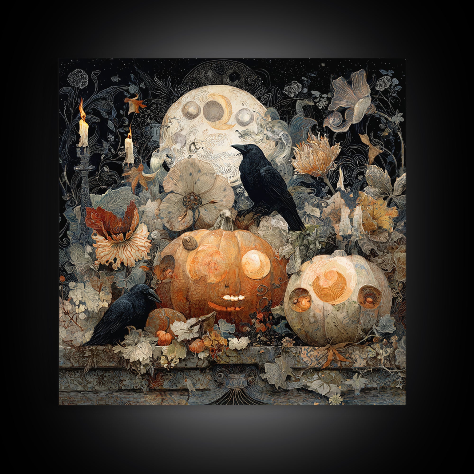 Pumpkins And Moon Phases, Symbolist Dream Art, Square Wall Art, Dark Halloween Decor, Framed Canvas Print, Halloween Wall Art