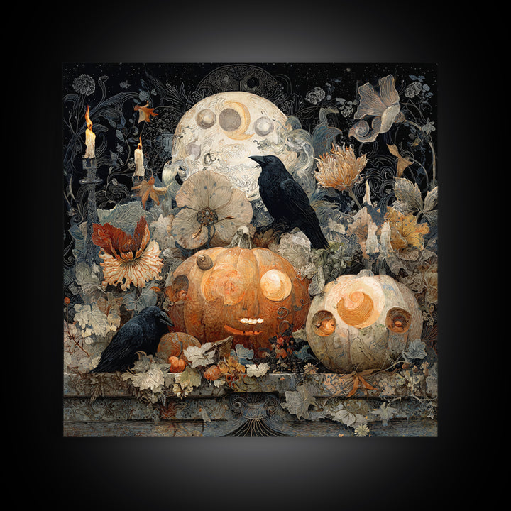 Pumpkins And Moon Phases, Symbolist Dream Art, Square Wall Art, Dark Halloween Decor, Framed Canvas Print, Halloween Wall Art