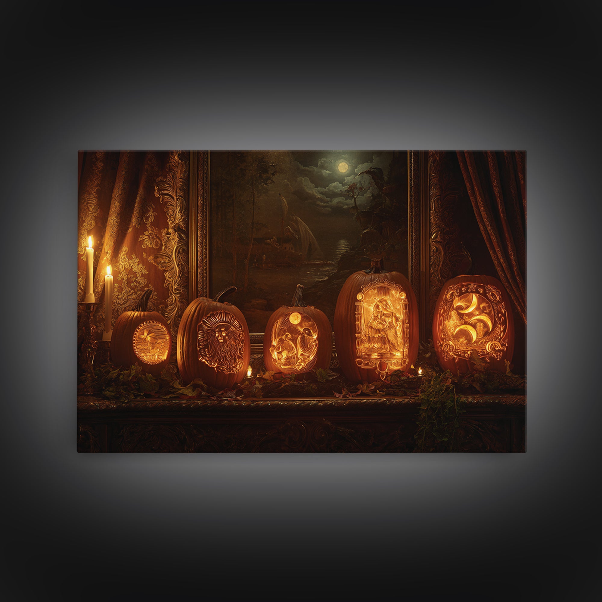 Pumpkins And Moon Phases, Ornate Symbolist Art, Landscape Wall Art, Gothic Horror Wall Art, Canvas Print, Halloween Wall Art
