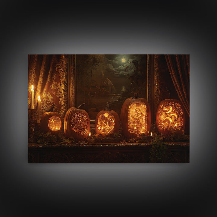 Pumpkins And Moon Phases, Ornate Symbolist Art, Landscape Wall Art, Gothic Horror Wall Art, Canvas Print, Halloween Wall Art