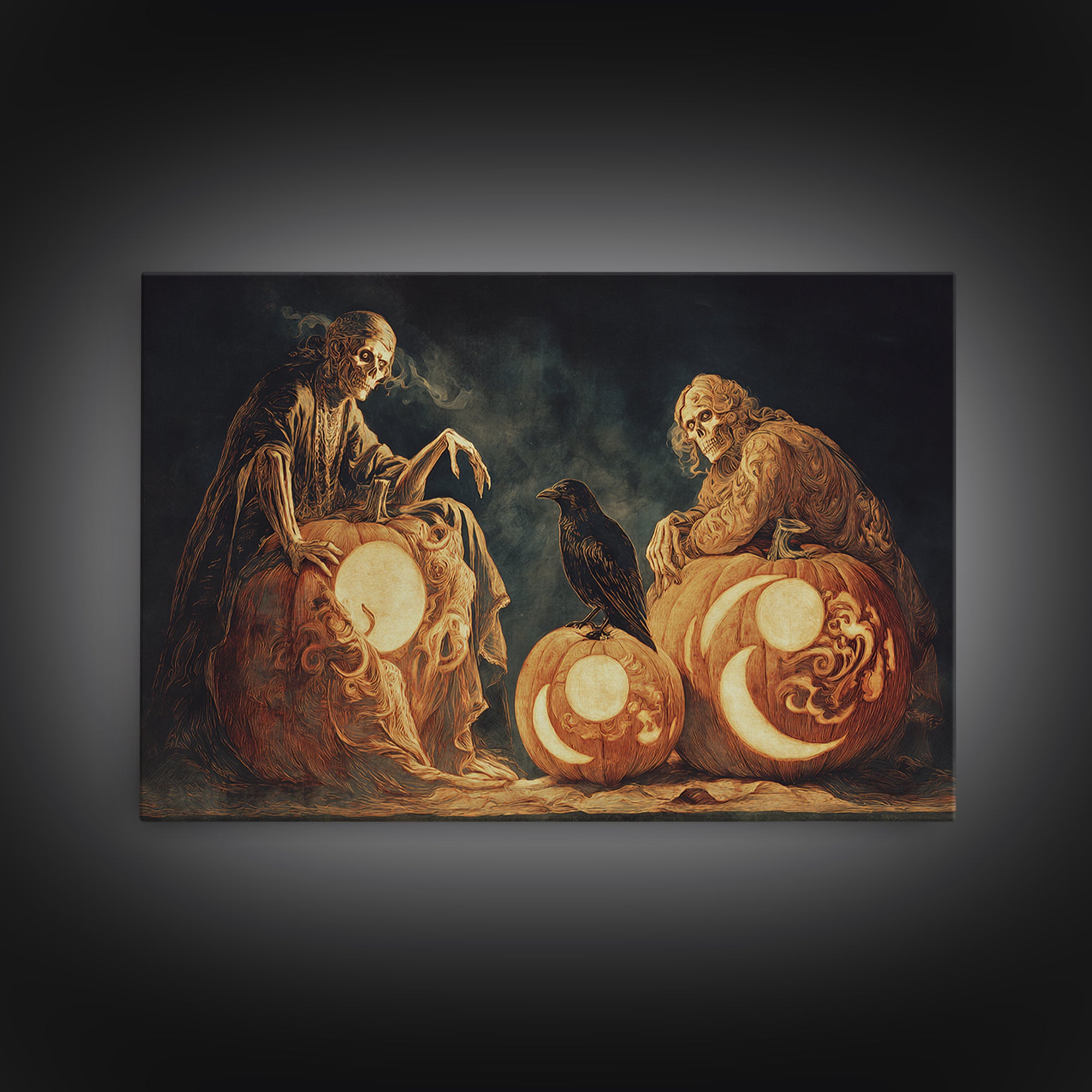 Pumpkins And Moon Phases, Decadent Gothic Art, Landscape Wall Art, Dark Fantasy Wall Art, Canvas Print, Halloween Wall Art