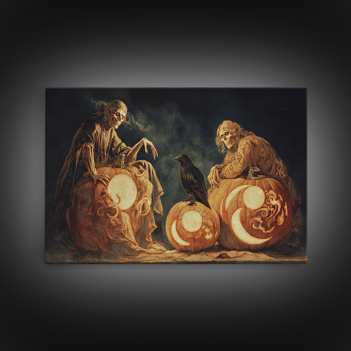 Pumpkins And Moon Phases, Decadent Gothic Art, Landscape Wall Art, Dark Fantasy Wall Art, Canvas Print, Halloween Wall Art