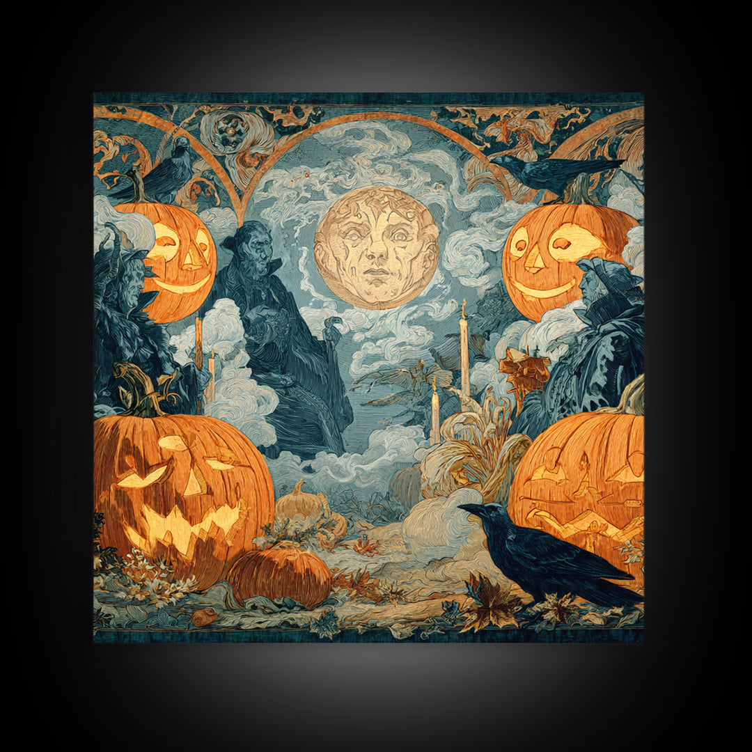 Pumpkins And Moon Phases, Symbolist Etching Art, Square Wall Art, Dark Fantasy Wall Art, Canvas Print, Halloween Wall Art