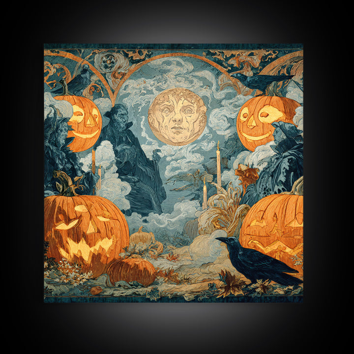 Pumpkins And Moon Phases, Symbolist Etching Art, Square Wall Art, Dark Fantasy Wall Art, Canvas Print, Halloween Wall Art