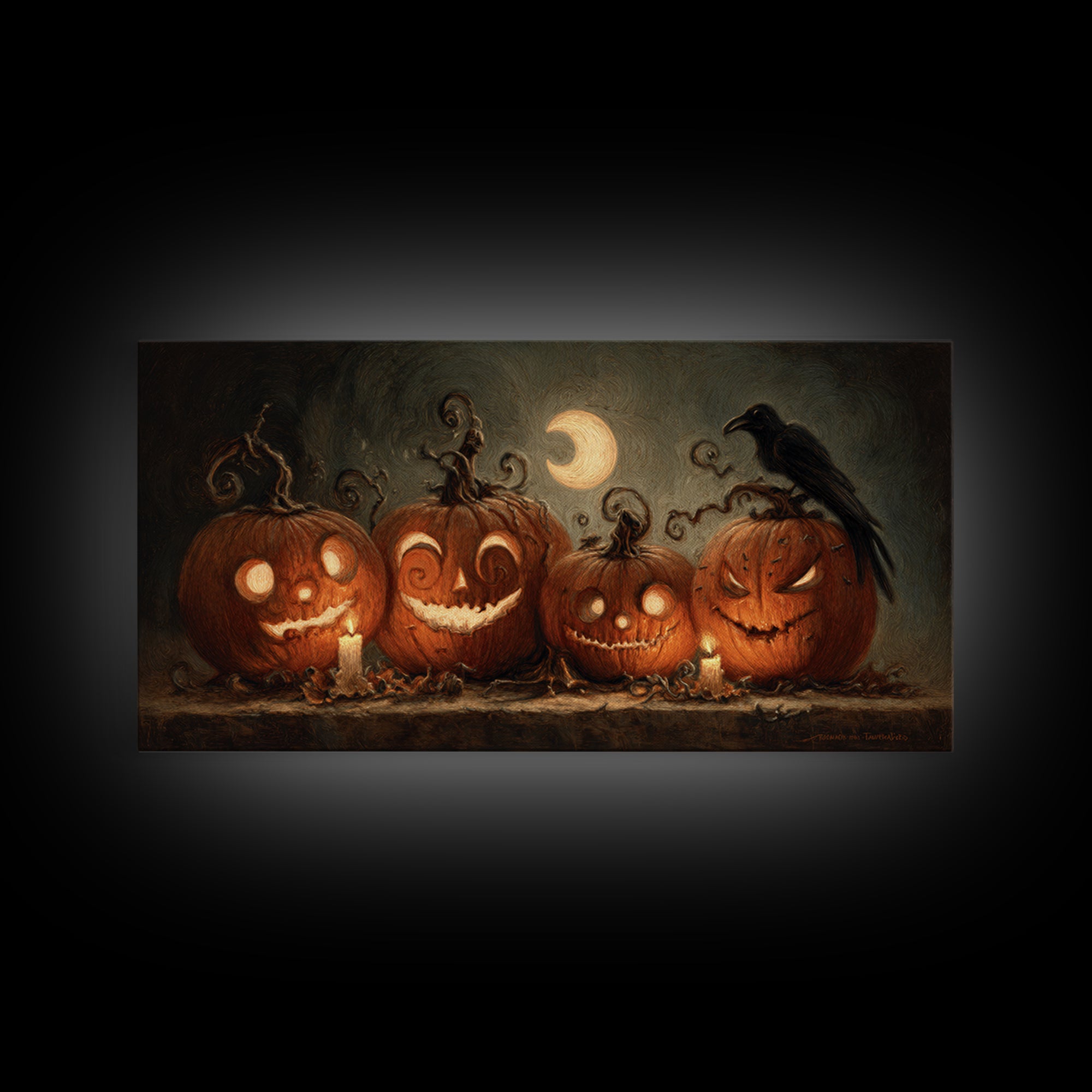 Pumpkins And Moon Phases, Expressionist Nightmare Art, Wide Panoramic Art, Dark Fantasy Wall Art, Framed Canvas Print, Halloween Wall Art