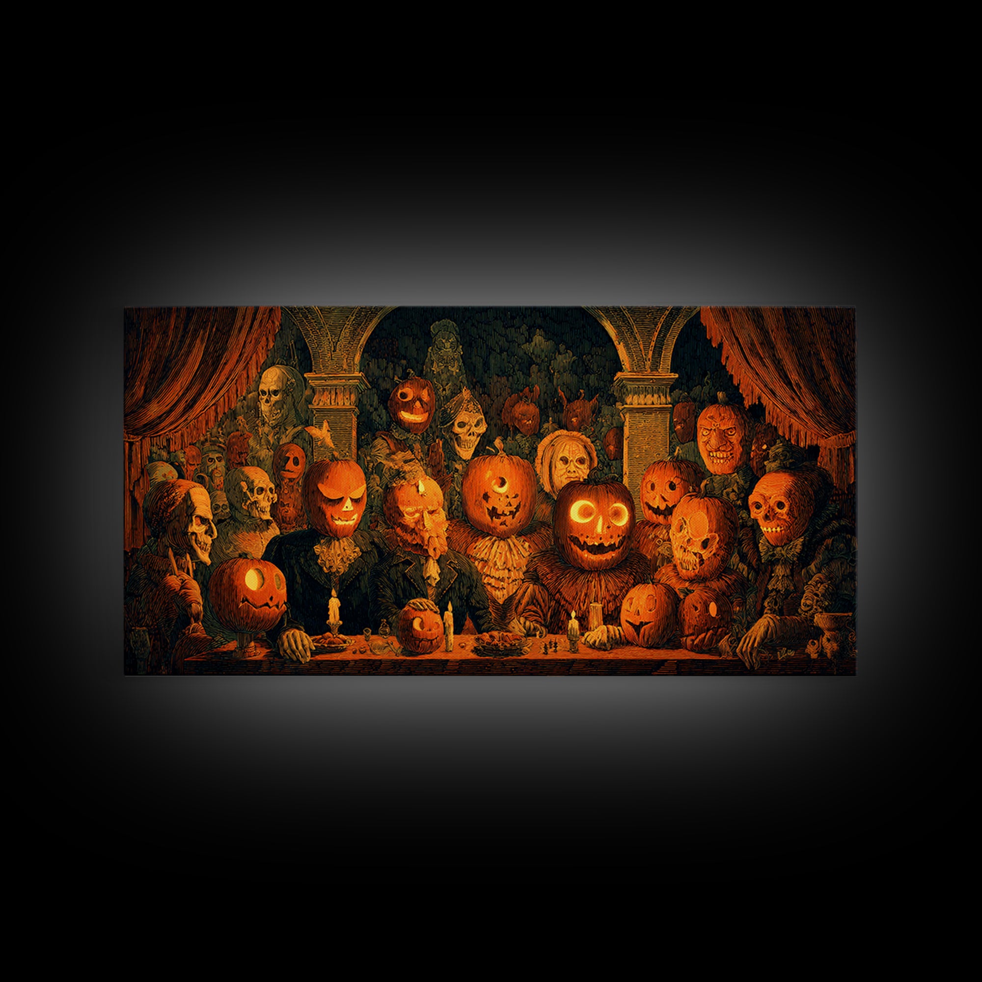 Pumpkins And Moon Phases, Grotesque Carnival Art, Wide Panoramic Art, Dark Fantasy Wall Art, Framed Canvas Print, Halloween Wall Art