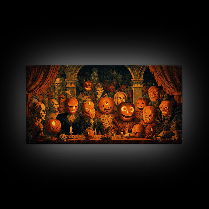 Pumpkins And Moon Phases, Grotesque Carnival Art, Wide Panoramic Art, Dark Fantasy Wall Art, Framed Canvas Print, Halloween Wall Art