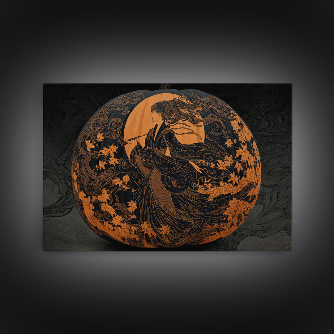 Pumpkins And Moon Phases, Decadent Line Art, Landscape Wall Art, Gothic Horror Wall Art, Canvas Print, Halloween Wall Art