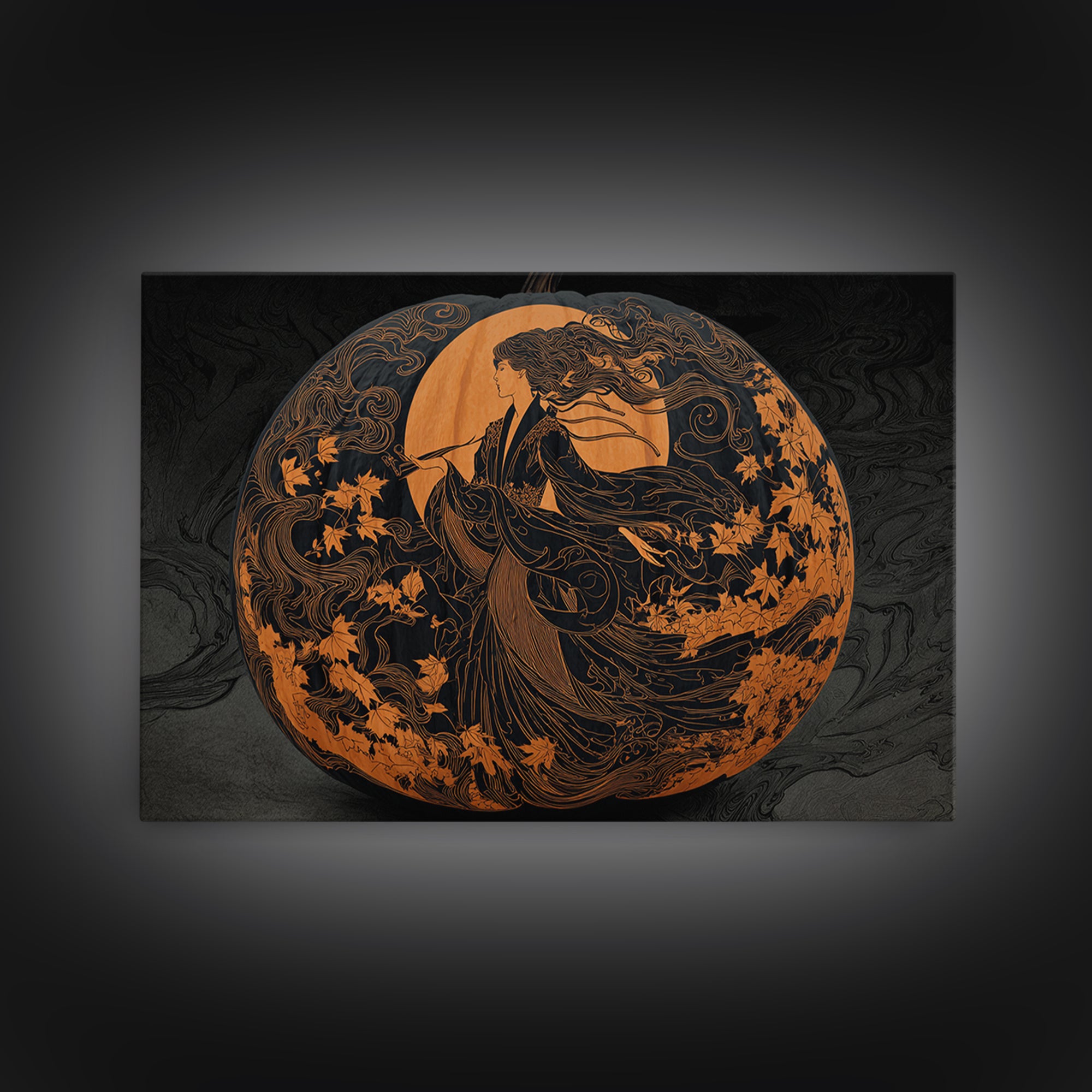 Pumpkins And Moon Phases, Decadent Line Art, Landscape Wall Art, Gothic Horror Wall Art, Canvas Print, Halloween Wall Art