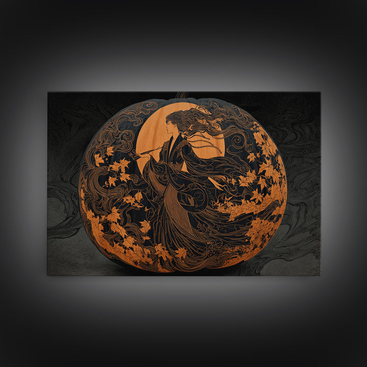 Pumpkins And Moon Phases, Decadent Line Art, Landscape Wall Art, Gothic Horror Wall Art, Canvas Print, Halloween Wall Art