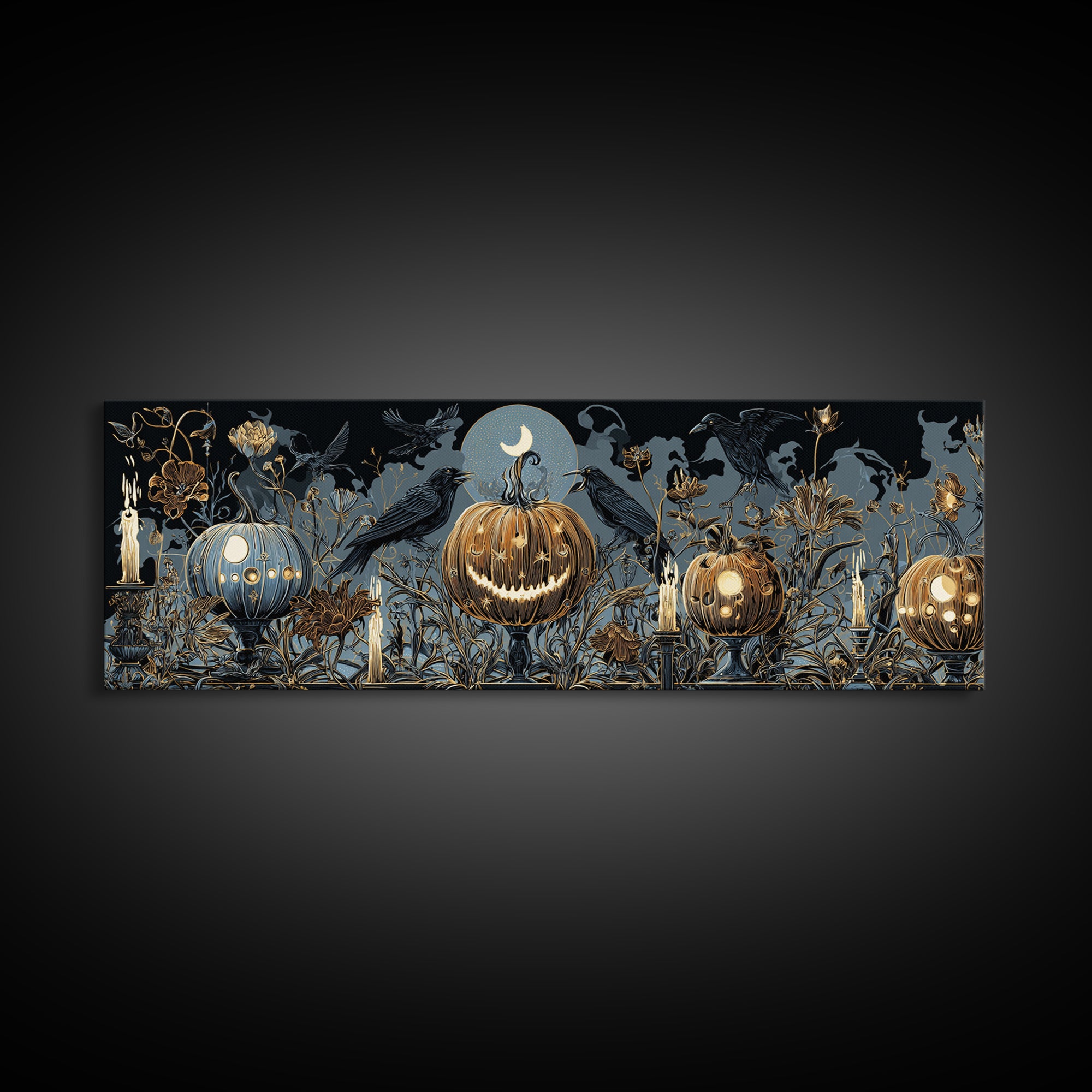 Pumpkins And Moon Phases, Stained Glass Gothic Art, Extra Wide Wall Art, Dark Fantasy Wall Art, Framed Canvas Print, Halloween Wall Art