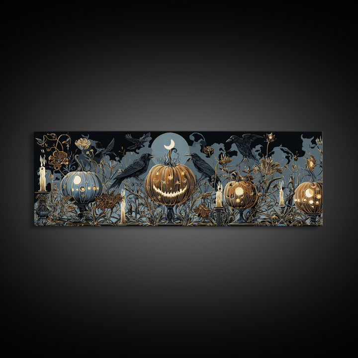Pumpkins And Moon Phases, Stained Glass Gothic Art, Extra Wide Wall Art, Dark Fantasy Wall Art, Framed Canvas Print, Halloween Wall Art
