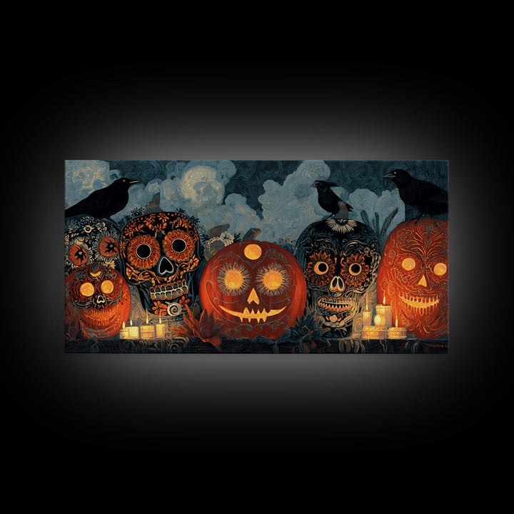 Pumpkins And Moon Phases, Macabre Folk Print Art, Wide Panoramic Art, Dark Fantasy Wall Art, Framed Canvas Print
