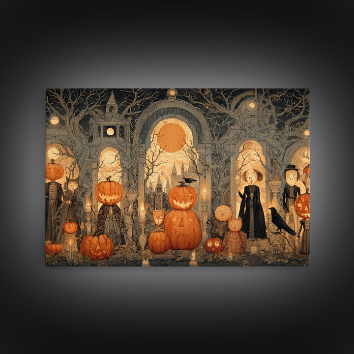 Pumpkins And Moon Phases, Victorian Macabre Art, Landscape Wall Art, Dark Halloween Decor, Framed Canvas Print, Halloween Wall Art