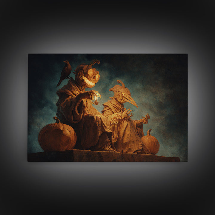 Pumpkins And Moon Phases, Surreal Apocalyptic Art, Landscape Wall Art, Macabre Wall Art, Framed Canvas Print, Halloween Wall Art