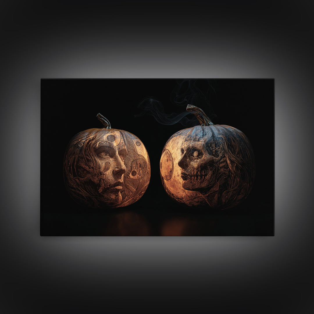 Pumpkins And Moon Phases, Biomechanical Horror Art, Landscape Wall Art, Gothic Horror Wall Art, Framed Canvas Print, Halloween Wall Art