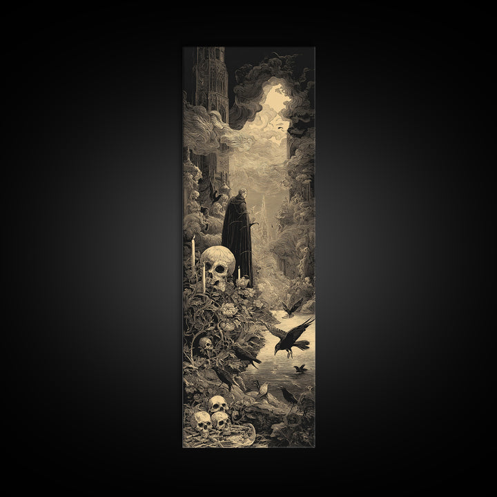 Skeletal Botanicals, Gothic Engraving Art, Tall Narrow Wall Art, Gothic Horror Wall Art, Framed Canvas Print, Halloween Wall Art