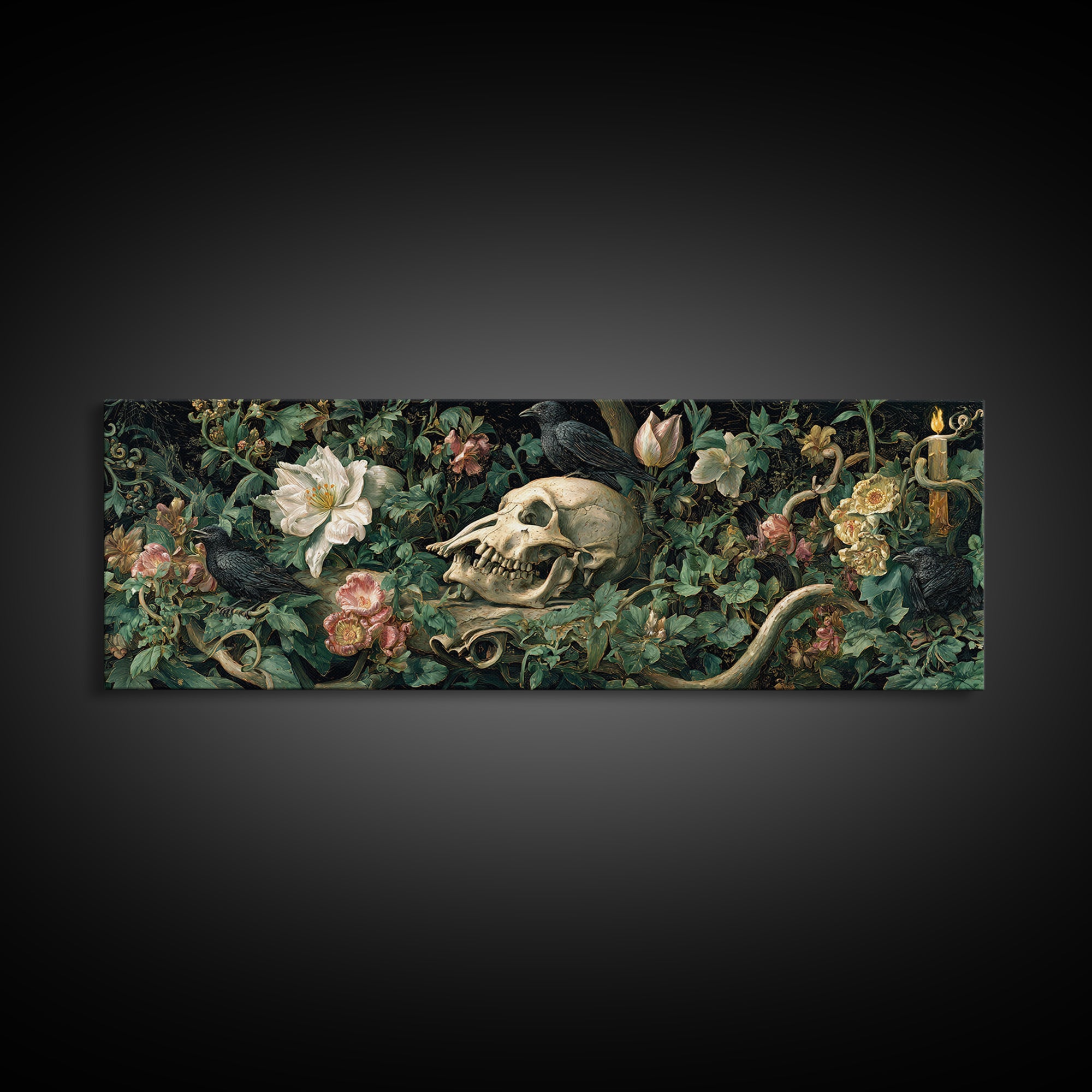 Skeletal Botanicals, Medieval Grotesque Art, Extra Wide Wall Art, Macabre Wall Art, Canvas Print, Halloween Wall Art