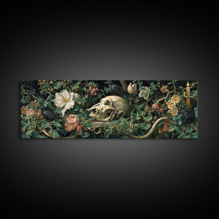 Skeletal Botanicals, Medieval Grotesque Art, Extra Wide Wall Art, Macabre Wall Art, Canvas Print, Halloween Wall Art