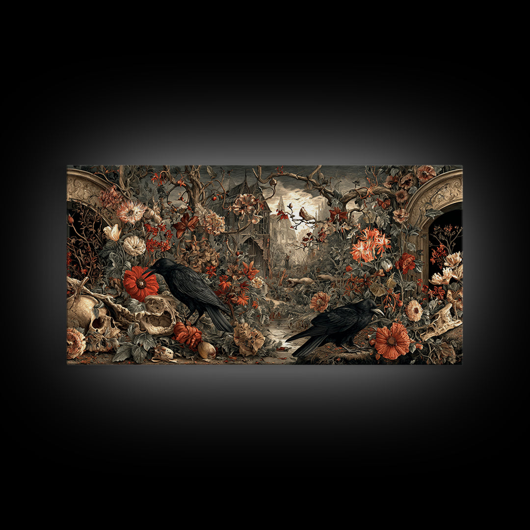 Skeletal Botanicals, Northern Renaissance Horror, Wide Panoramic Art, Dark Fantasy Wall Art, Framed Canvas Print, Macabre Wall Art