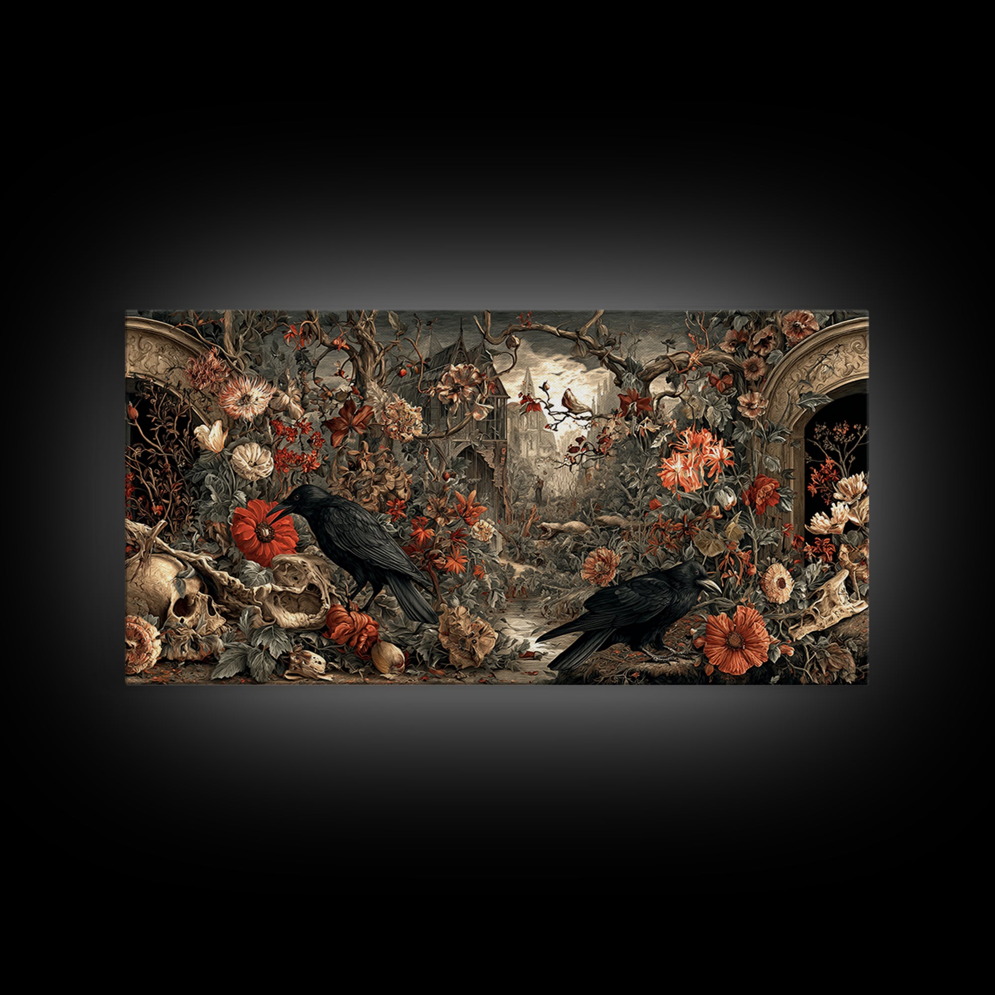 Skeletal Botanicals, Northern Renaissance Horror, Wide Panoramic Art, Dark Fantasy Wall Art, Framed Canvas Print, Macabre Wall Art