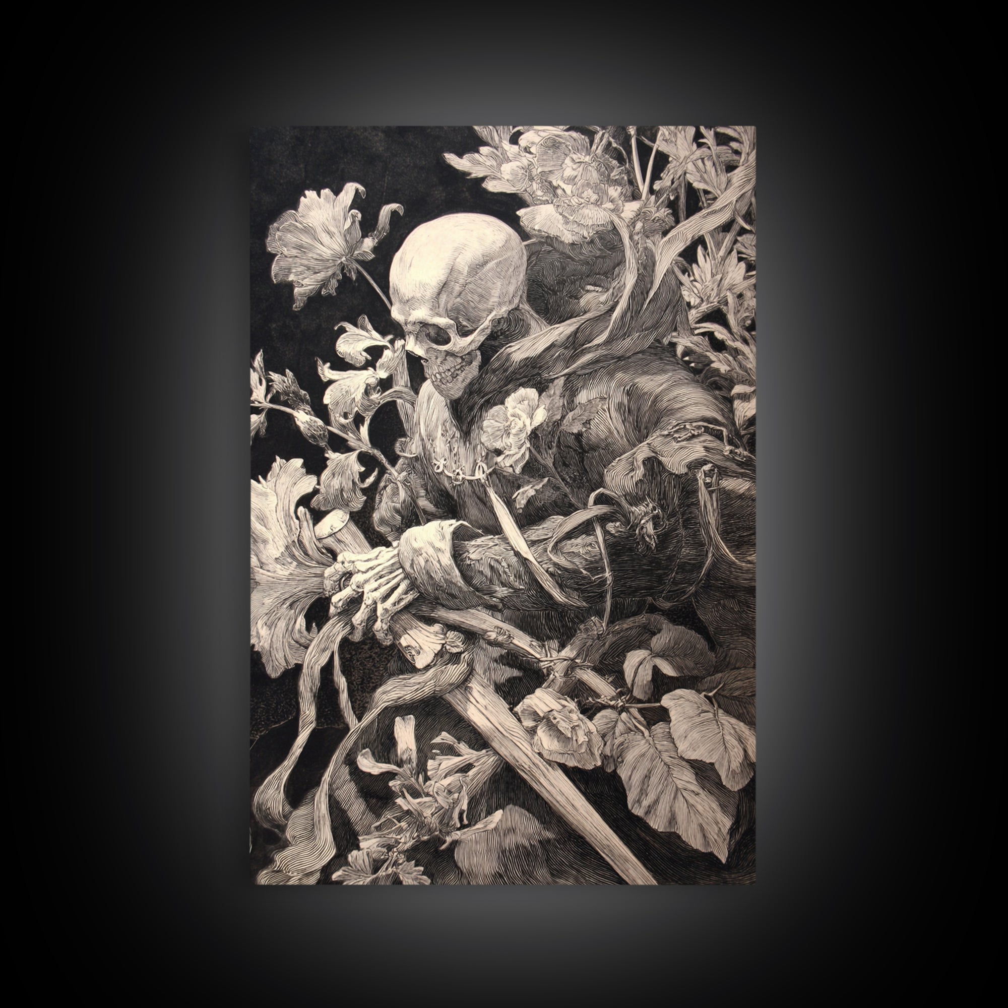 Skeletal Botanicals, Renaissance Engraving Art, Vertical Wall Art, Gothic Horror Wall Art, Canvas Print, Halloween Wall Art