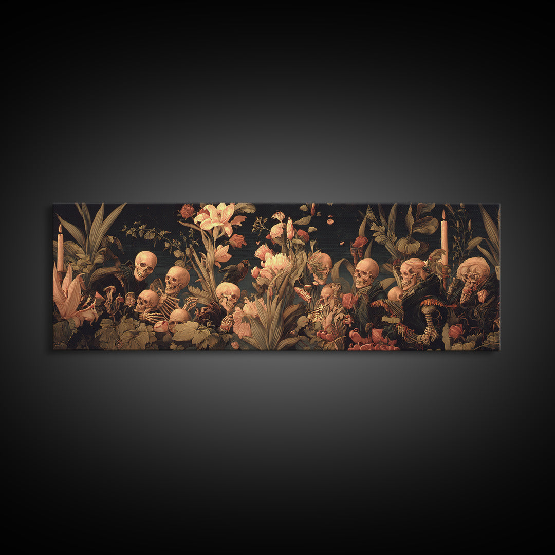 Skeletal Botanicals, Danse Macabre Art, Extra Wide Wall Art, Dark Halloween Decor, Framed Canvas Print