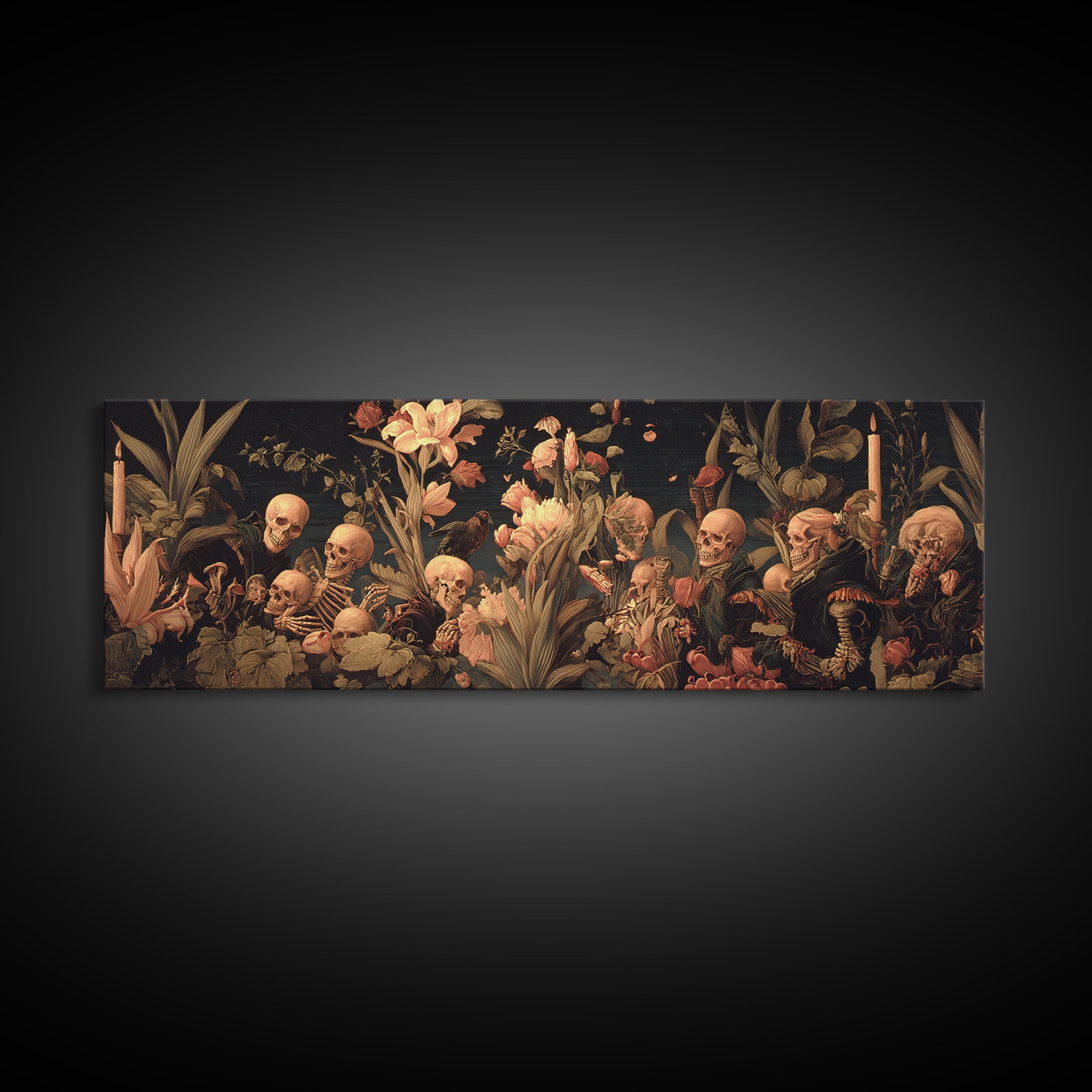 Skeletal Botanicals, Danse Macabre Art, Extra Wide Wall Art, Dark Halloween Decor, Framed Canvas Print