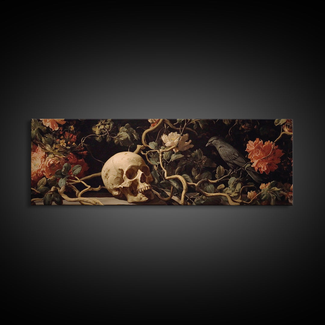 Skeletal Botanicals, Dark Romantic Horror Art, Extra Wide Wall Art, Macabre Wall Art, Framed Canvas Print, Halloween Wall Art