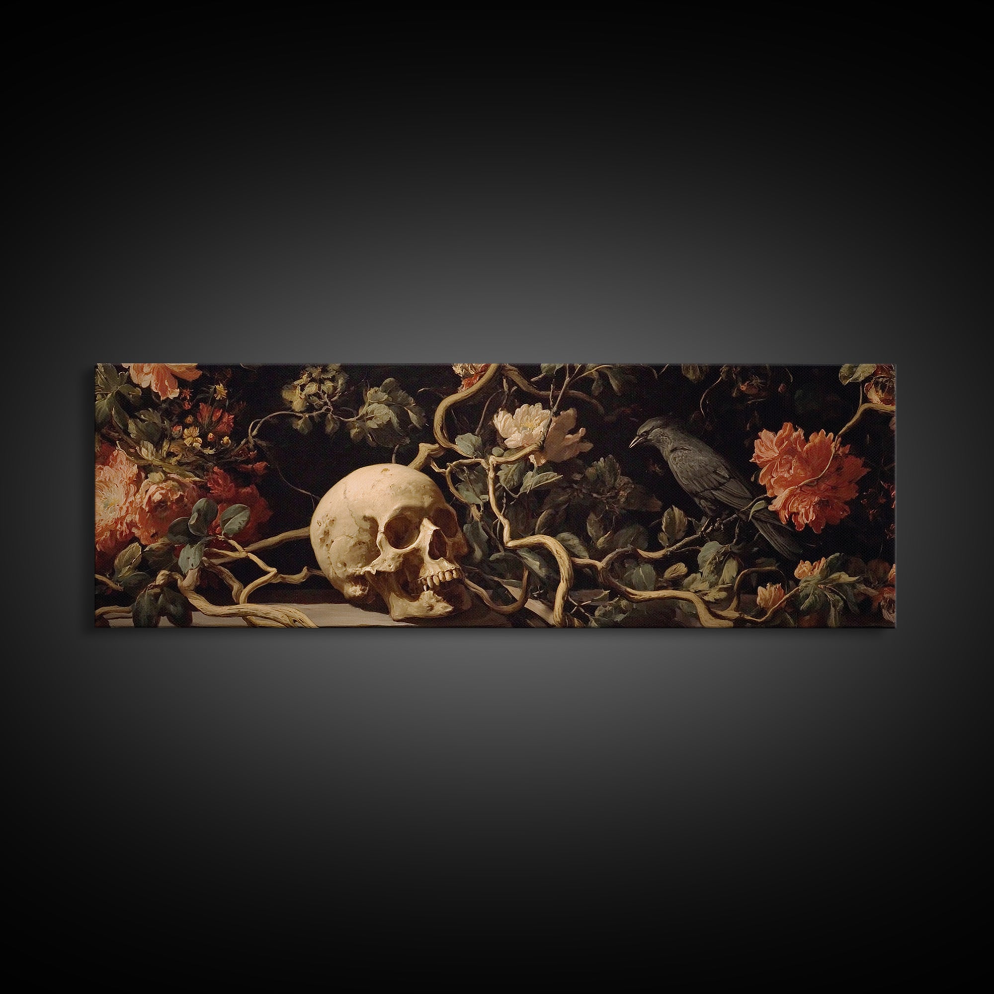 Skeletal Botanicals, Dark Romantic Horror Art, Extra Wide Wall Art, Macabre Wall Art, Framed Canvas Print, Halloween Wall Art