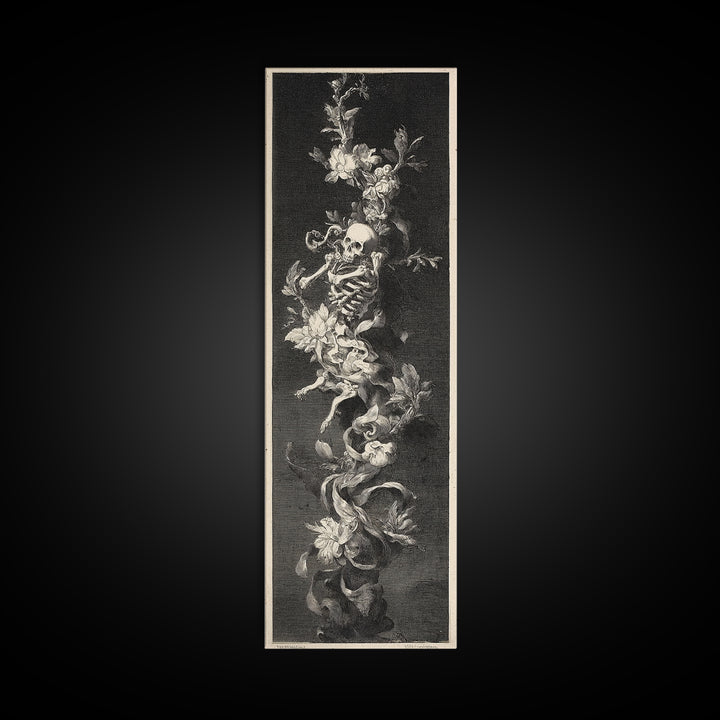 Skeletal Botanicals, Architectural Etching Art, Tall Narrow Wall Art, Gothic Horror Wall Art, Canvas Print, Halloween Wall Art