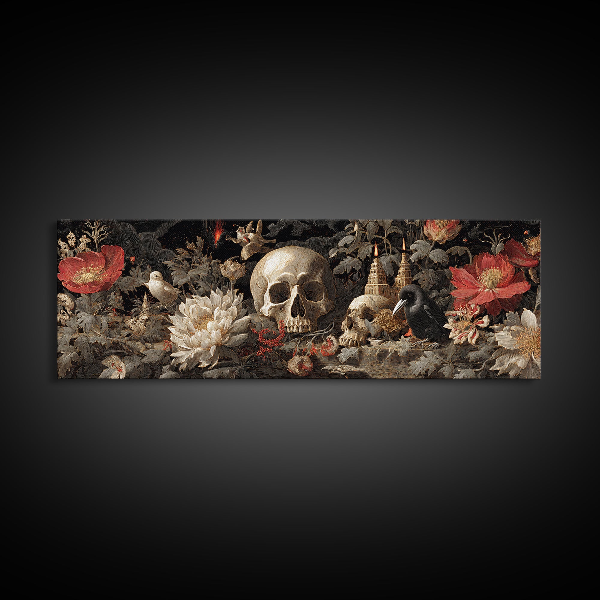 Skeletal Botanicals, Apocalyptic Romantic Art, Extra Wide Wall Art, Macabre Wall Art, Canvas Print, Halloween Wall Art, Halloween Decor
