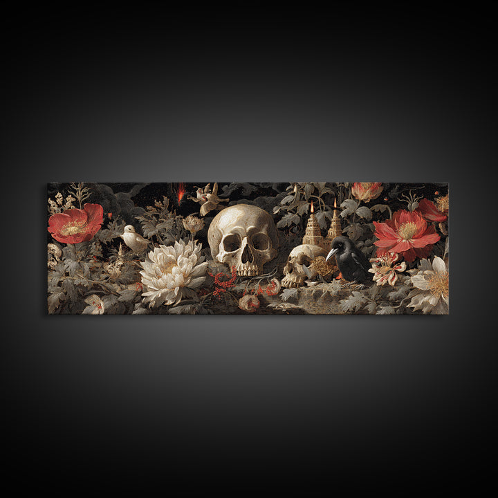 Skeletal Botanicals, Apocalyptic Romantic Art, Extra Wide Wall Art, Macabre Wall Art, Canvas Print, Halloween Wall Art, Halloween Decor